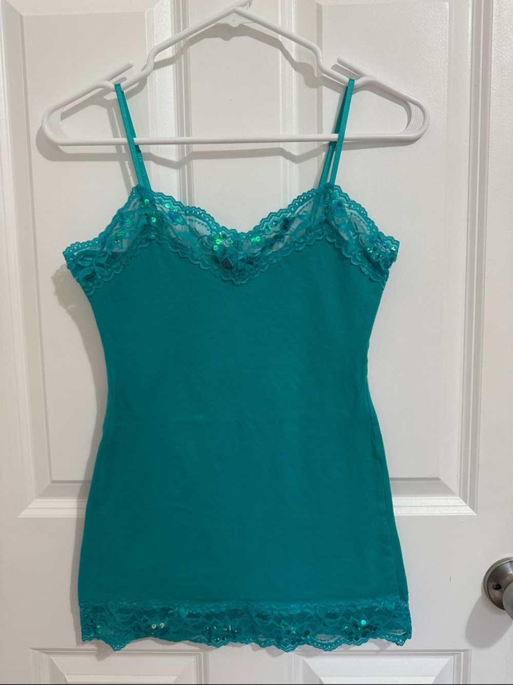 Vintage Y2K Teal Lace & Sequin Trim Cami Top - Size M